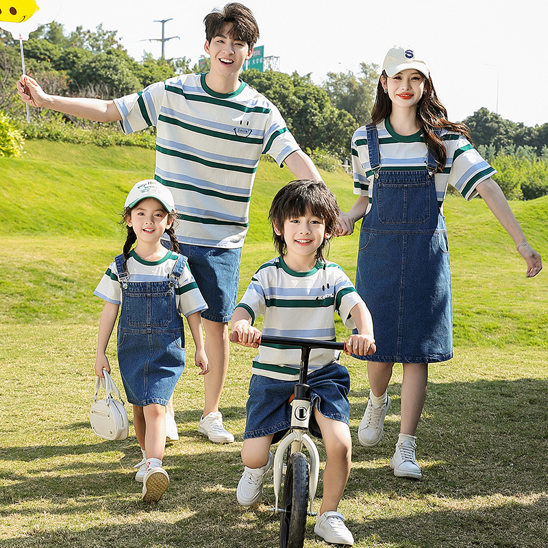 背带牛仔裙亲子装套装一家三口