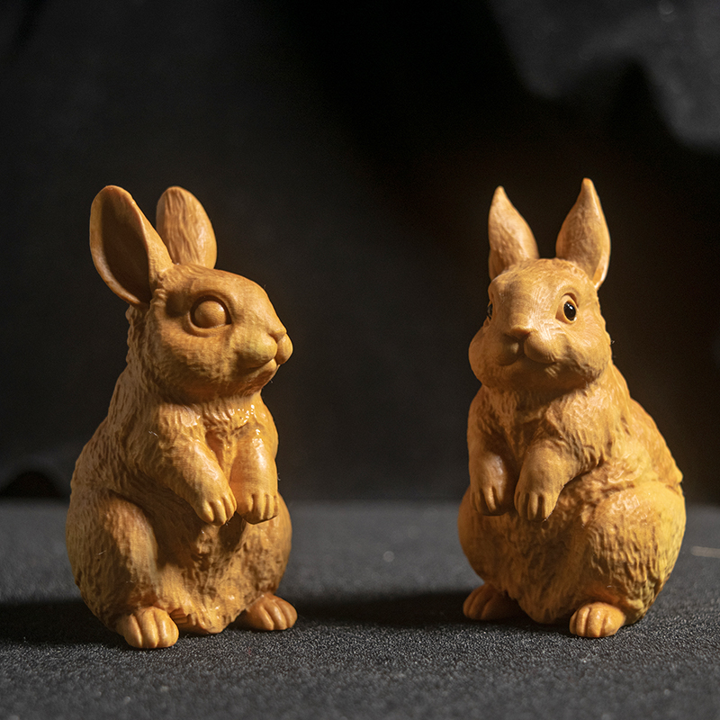 小叶黄杨木雕刻动物木质兔子吉祥物摆件实木手把件工艺品生肖玉兔