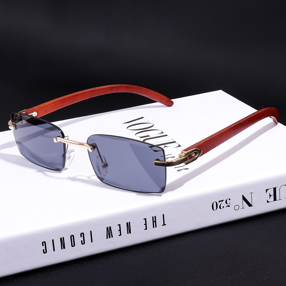 欧美复古无框切边长方形木纹太阳眼镜男女潮小脸显瘦嘻哈蹦迪墨镜