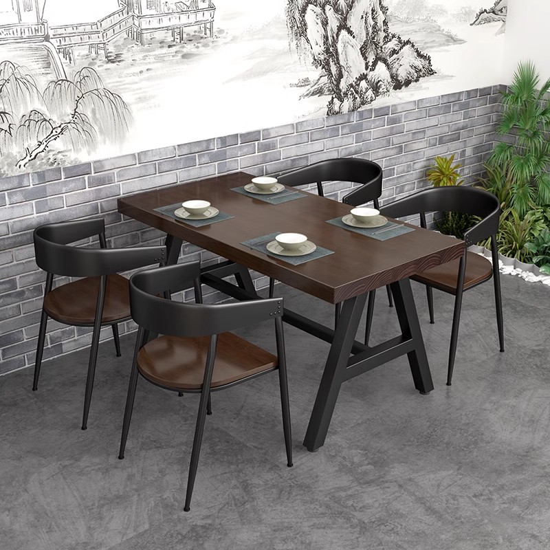 loft工业风实木桌椅组合商用饭店餐厅长方形桌子酒吧铁艺复古餐桌