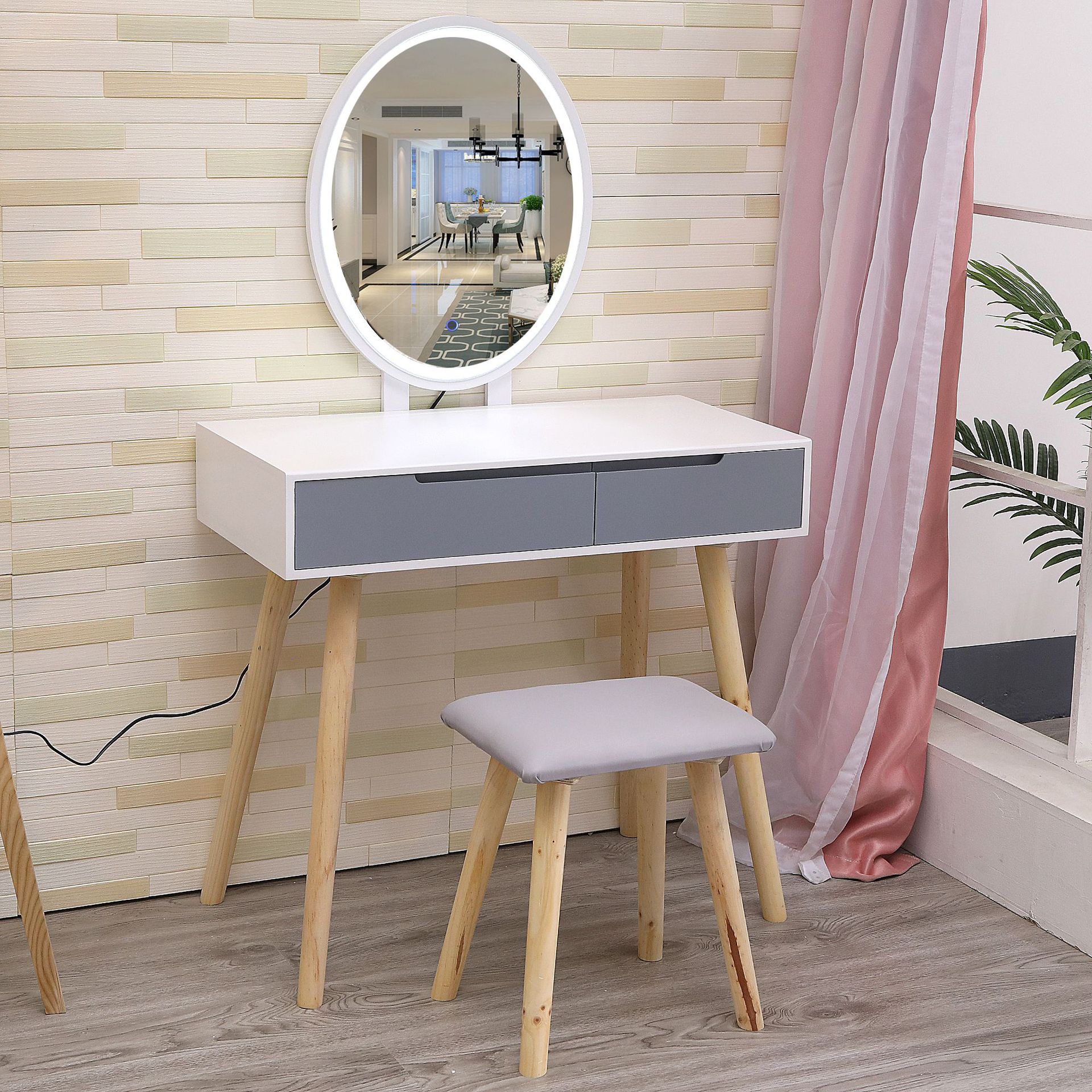 欧式实木圆镜梳妆台小简约小型家用卧室梳妆灰色抽屉化妆桌化妆登
