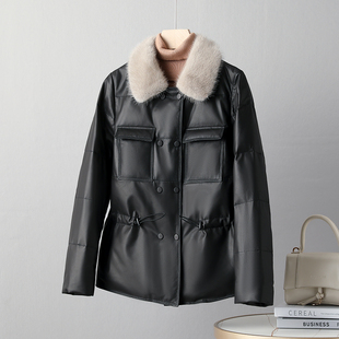 冬新款高端PU皮羽绒棉外套女短款仿水貂毛领气质收腰显瘦韩版加厚