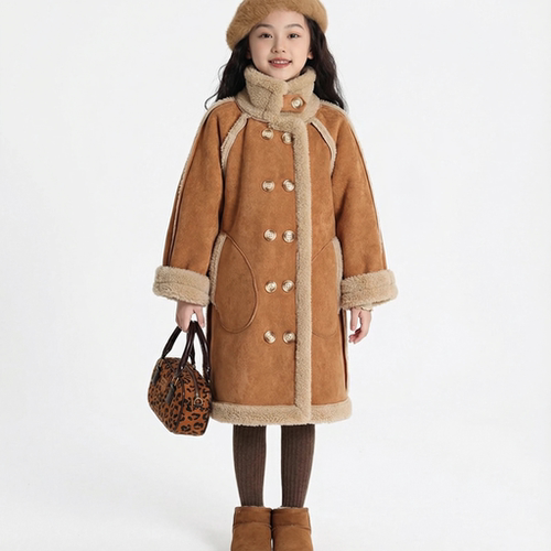 女童麂皮绒羊羔毛两面穿大衣