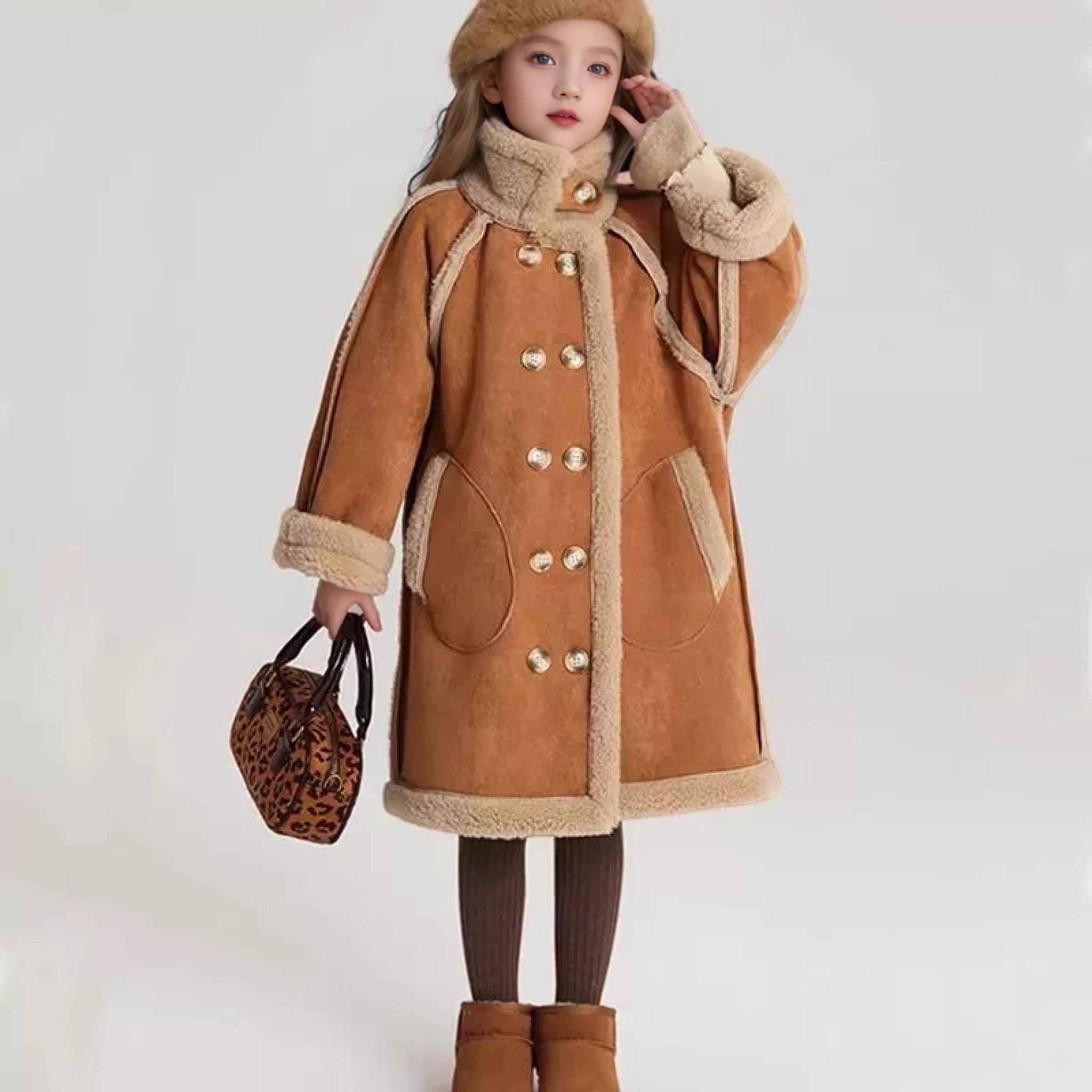 女童麂皮绒羊羔毛两面穿大衣