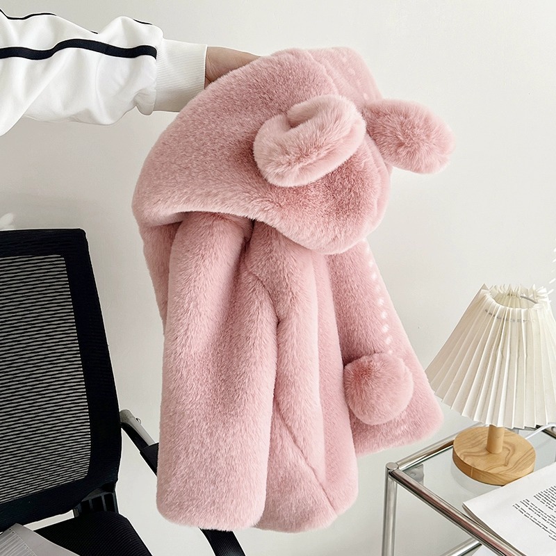 儿童皮草仿兔绒加绒加厚棉衣女童男童小宝宝连帽外套中长款冬季潮