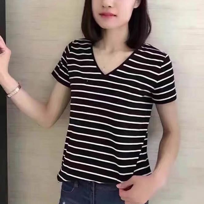 新颖哥弟特正品女装2018夏季新款百搭修身条纹显瘦短袖t恤女上衣