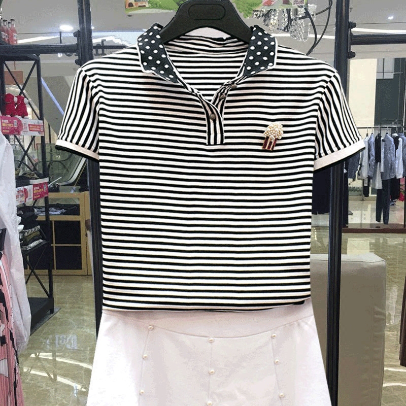 新颖哥弟特2018新款春夏上衣女装正品翻领POLO领条纹百搭短袖t恤
