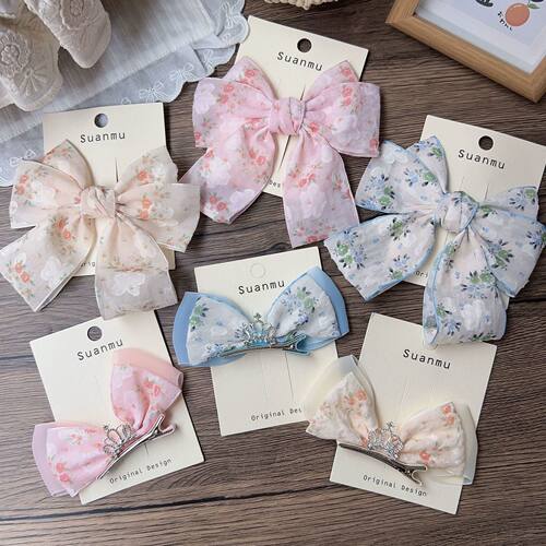 布艺碎花蝴蝶结飘带皇冠儿童发夹