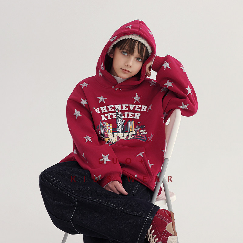 多加潮牌童装男童加绒卫衣冬装新款儿童拜年过年连帽衫中大童上衣