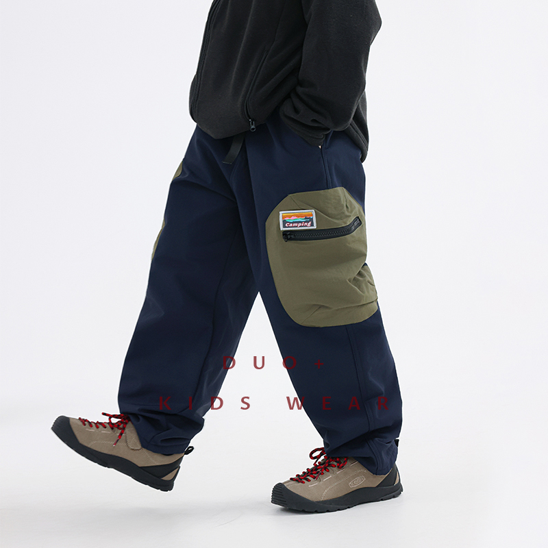 多加潮牌童装儿童加绒口袋工装裤冬装一体绒男童山系帅气加厚长裤