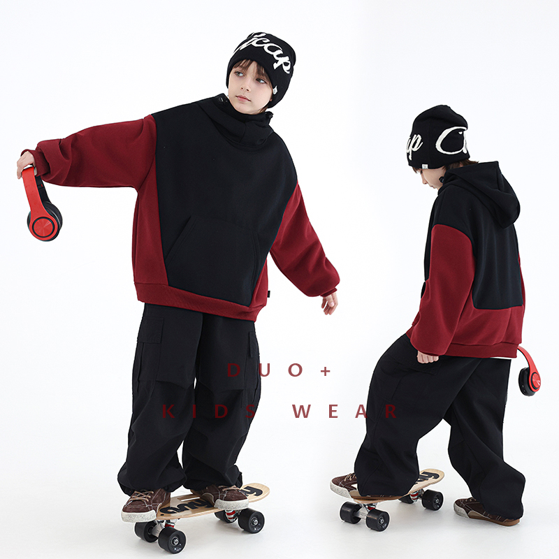 多加潮牌童装男童加绒高领卫衣冬装新款儿童连帽衫中大童上衣潮