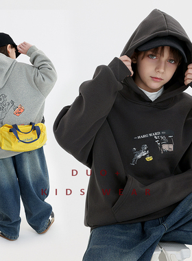 多加潮牌童装男童加绒机器人卫衣冬装新款儿童连帽衫中大童上衣潮