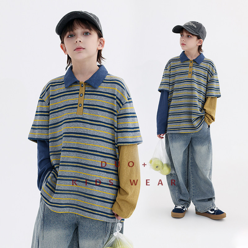 多加潮牌童装男童假两件T恤2026春装新款儿童中大童帅气上衣潮