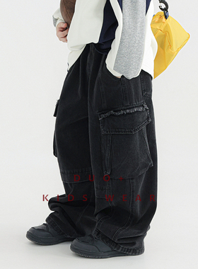 多加潮牌童装儿童砂洗加绒牛仔裤冬装男童时髦牛仔长裤中大童潮