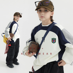 多加潮牌男童机车加绒卫衣2025冬装儿童加厚圆领卫衣中大童时髦