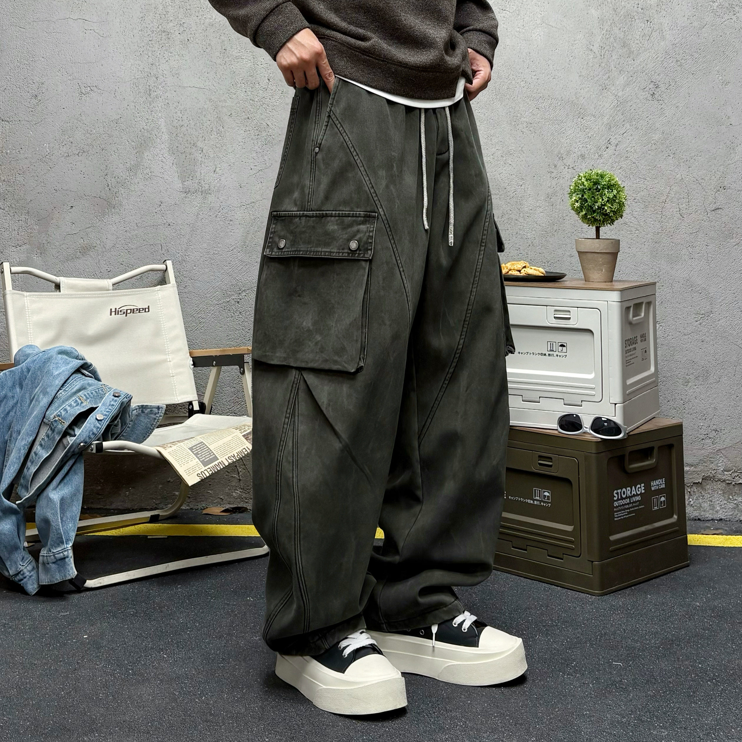 冬季加绒水洗扎染立体拼接宽松直筒工装裤男美式痞帅阔腿伞兵裤潮