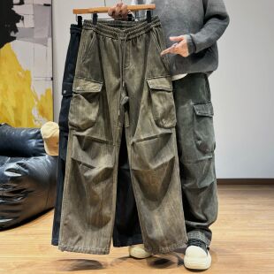 冬季加绒扎染重工INS高街宽松直筒伞兵口袋工装裤美式阔腿休闲裤