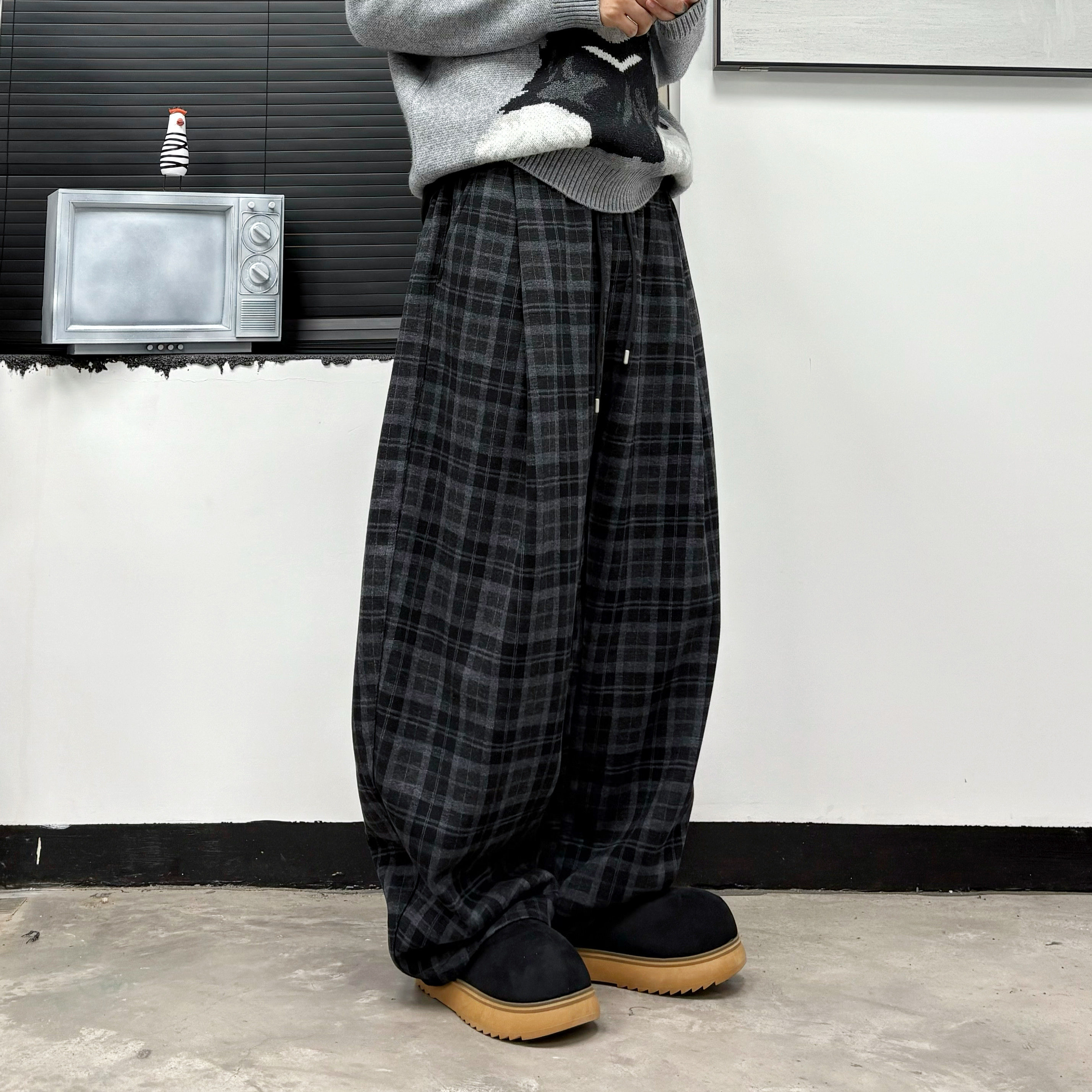 秋冬加绒美式格子宽松直筒阔腿休闲裤Ins高街撞色垂感毛呢长裤潮