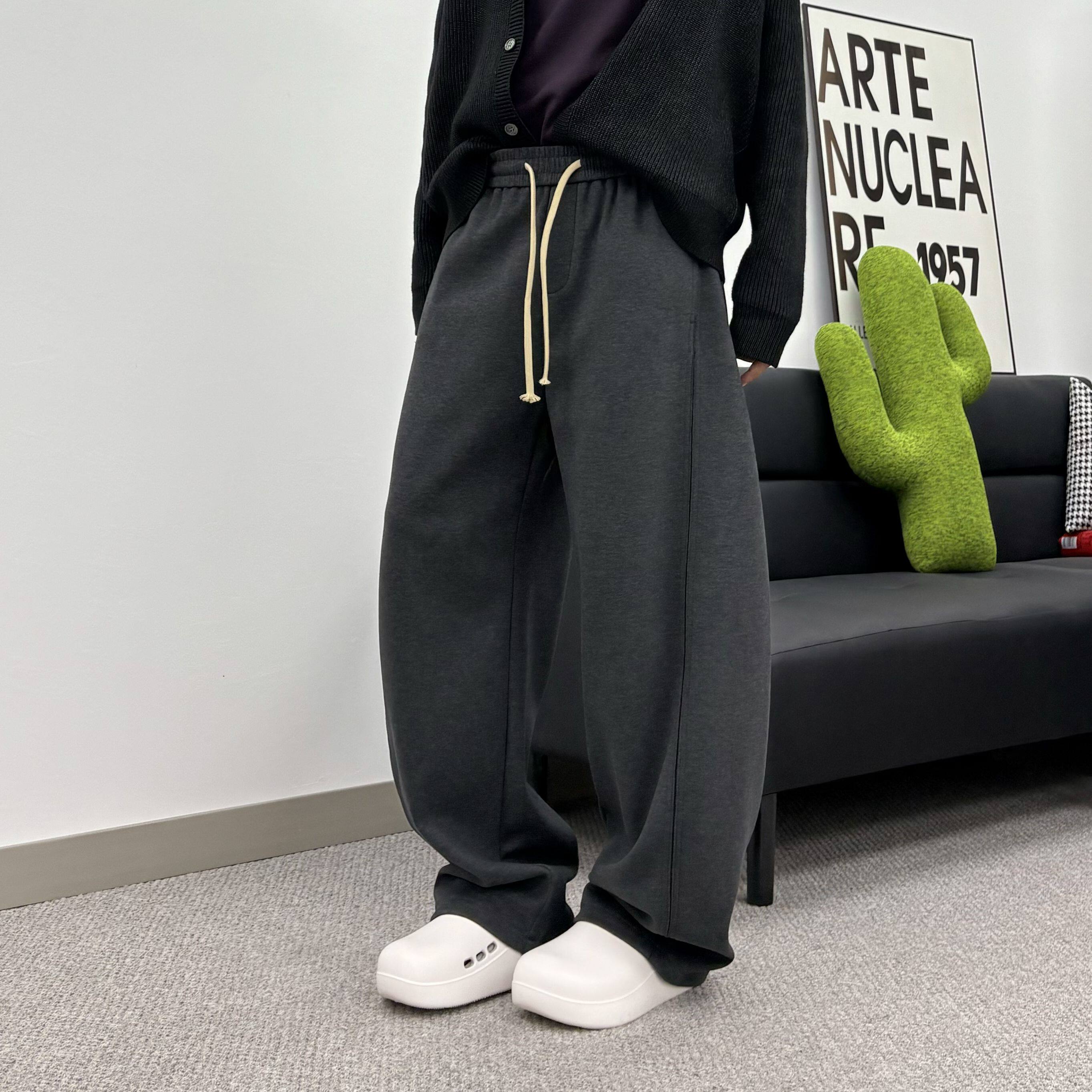 冬季加绒结构拼接条纹痞帅潮男宽松直筒裤垂感小弯刀保暖休闲裤男