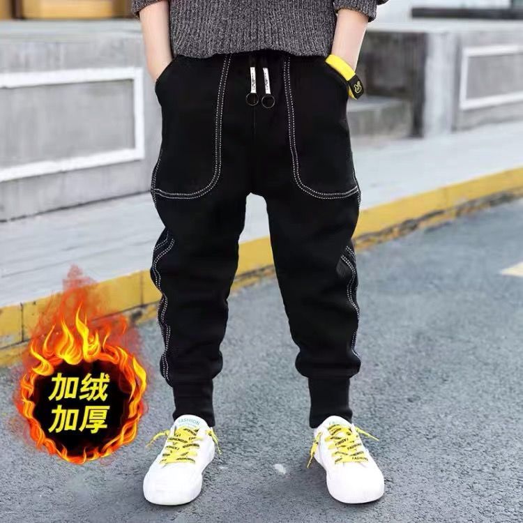 男童牛仔裤儿童裤子2025秋冬中大童男孩长裤高弹宽松束脚加绒棉裤