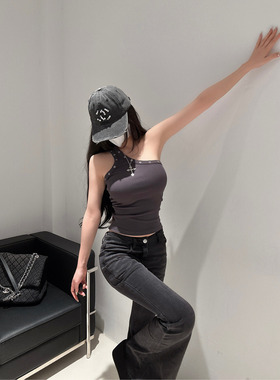 M5260辣妹风小众设计感修身吊带夏季新款斜肩不对称背心无袖上衣