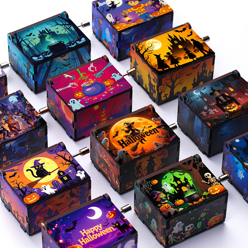 新款境外热卖万圣节系列艺术六面彩绘手摇式音乐盒精品节日礼物