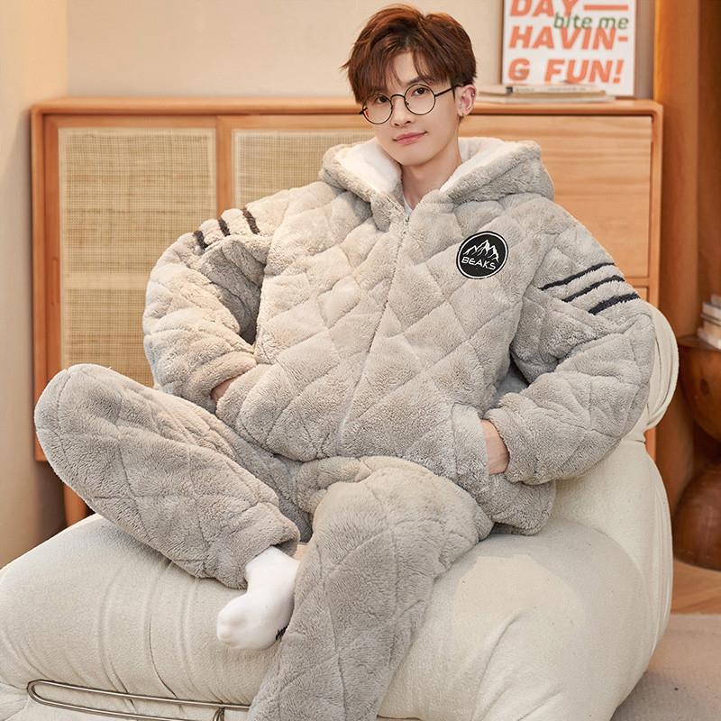 。珊瑚绒睡衣男款冬季加厚加绒三层夹棉青少年男士秋冬款保暖家居