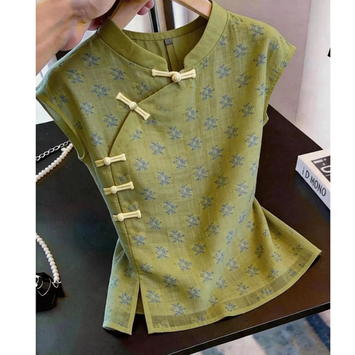 夏季新中式盘扣印花百搭衬衫