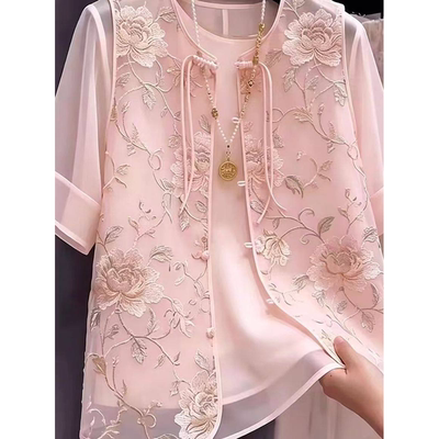 新中式刺绣修身短袖女衬衫