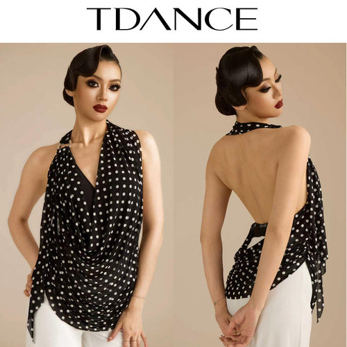 TDANCE波点挂脖深V荡领上衣