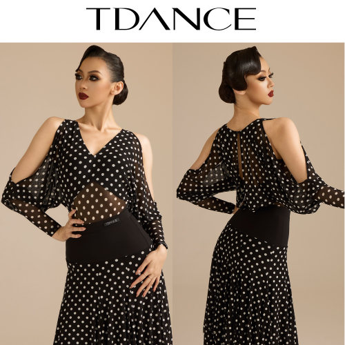 TDANCE波点V领露肩连体上衣