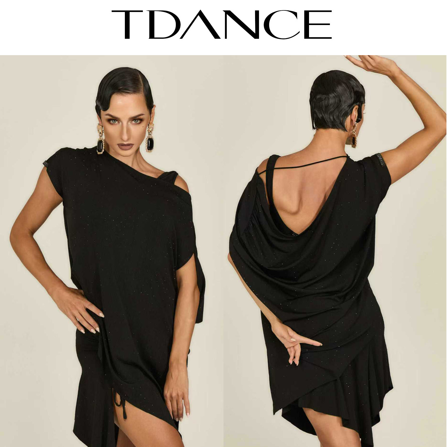 TDANCE烫钻斜肩宽松上衣