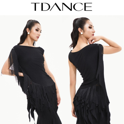 TDANCE一字领拼接流苏上衣