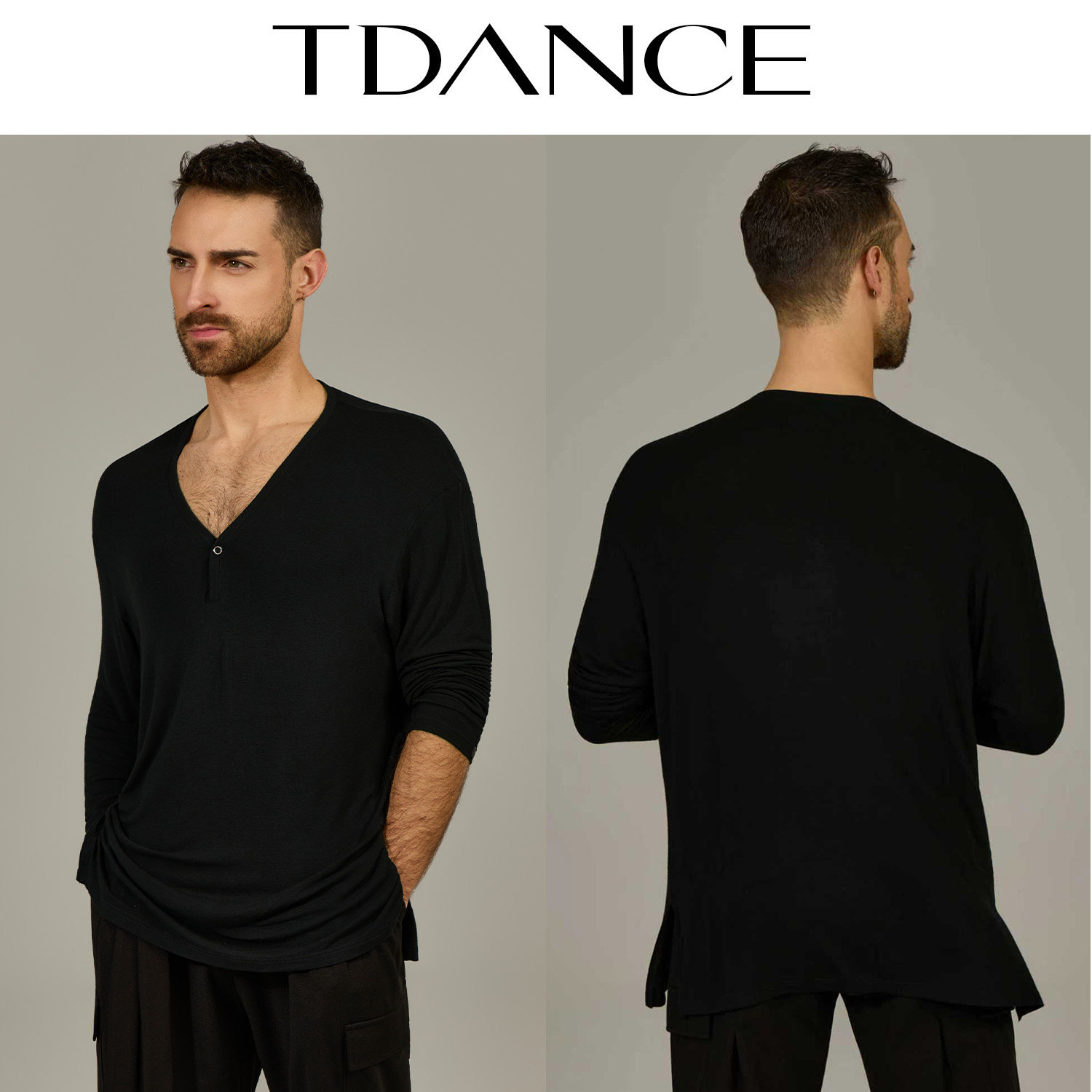 TDANCE男专业拉丁舞【V领按扣长袖上衣】练功服黑色上课训练BS-51