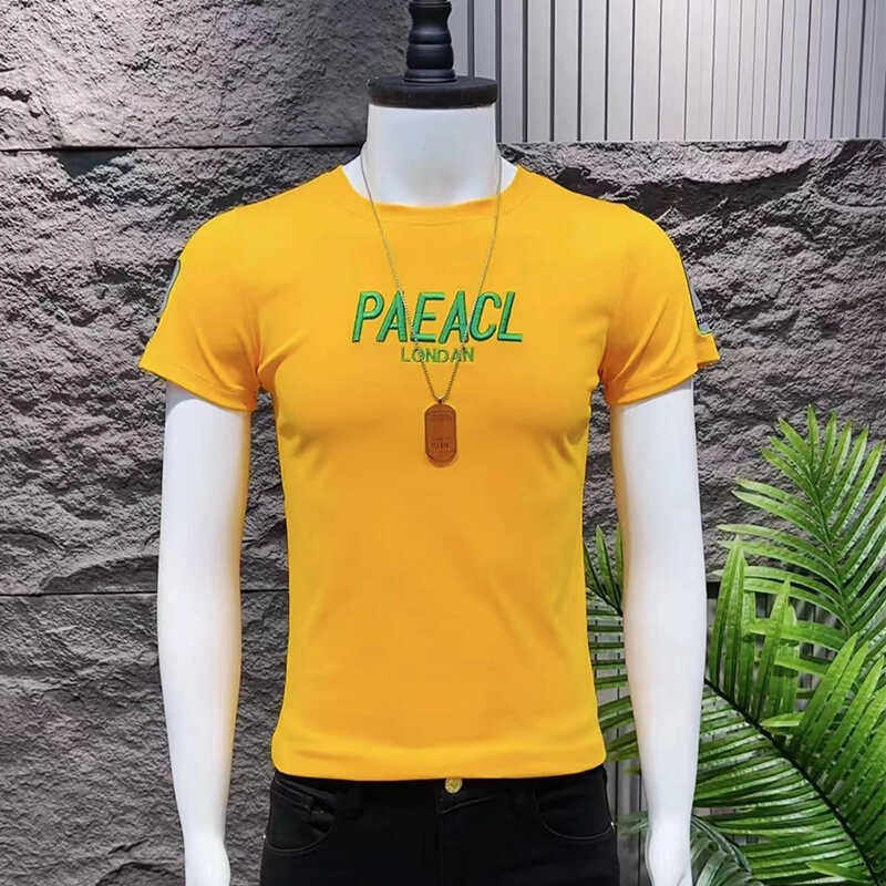 社会小伙半袖圆领韩版刺绣男士t恤潮流拼色网红上衣短袖男夏季