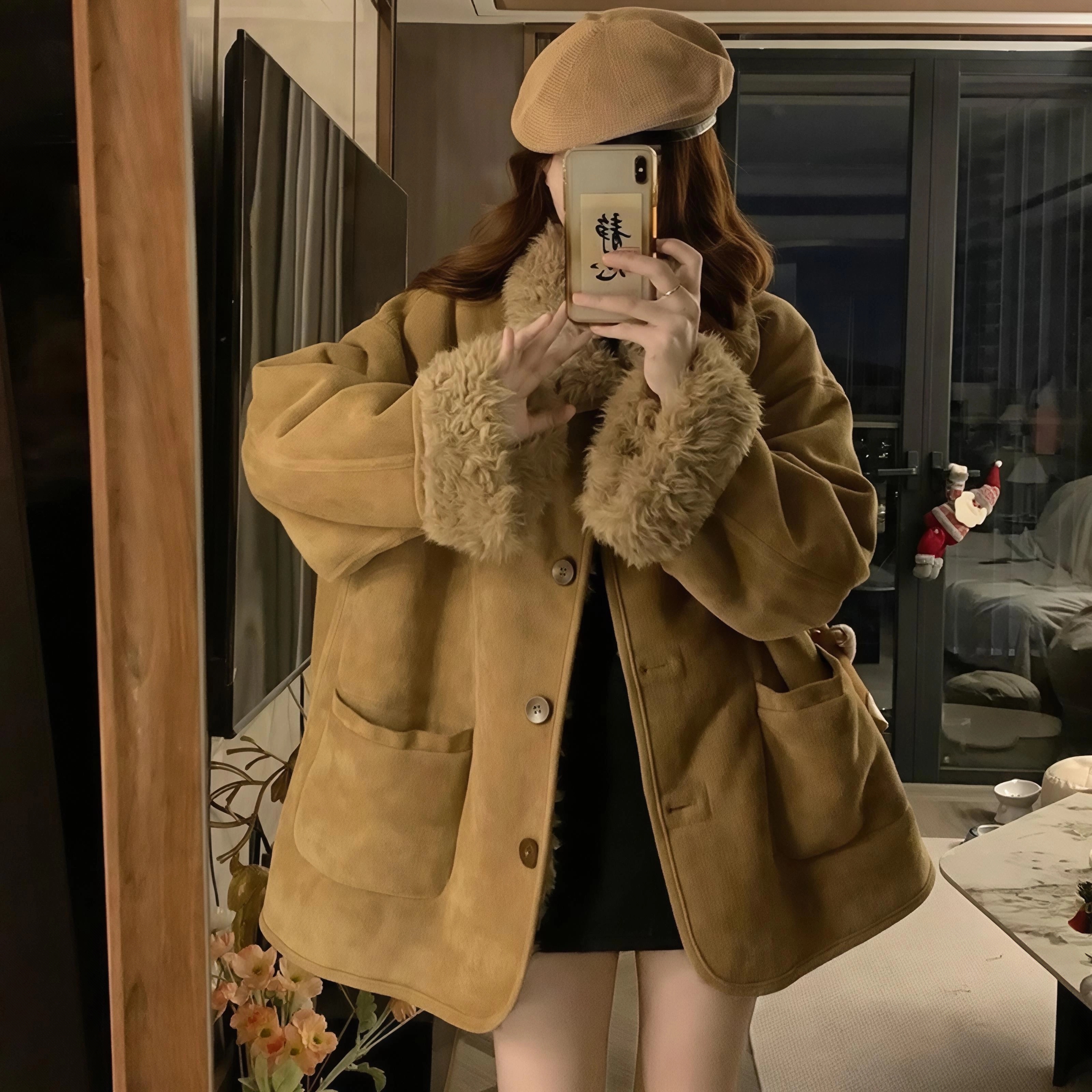 保暖韩系秋冬双面穿毛绒外套卡其色仿麂皮宽松中长款百搭女款大衣