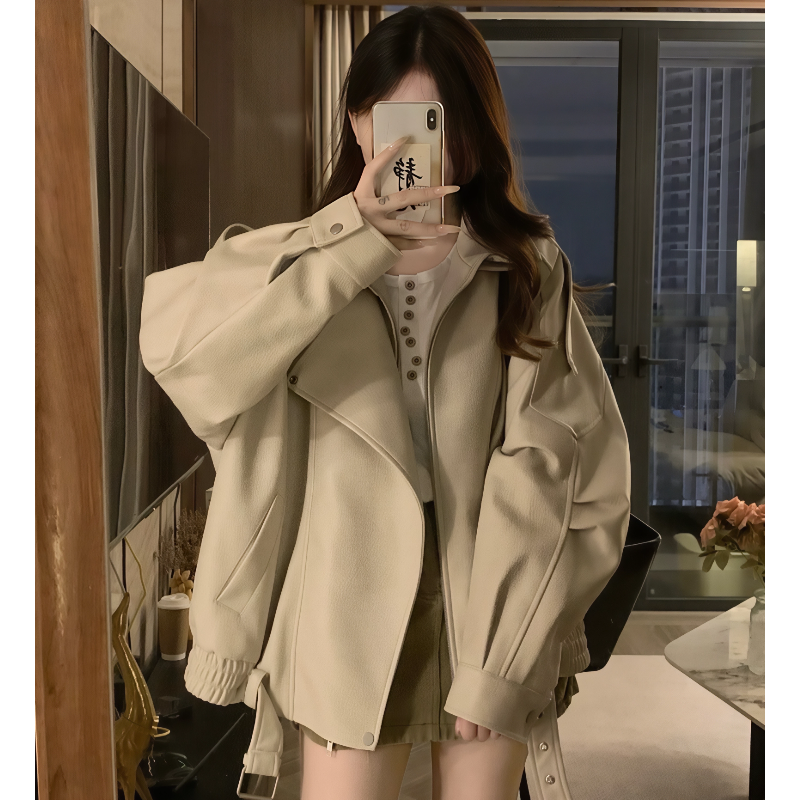 黛茗颜秋冬复古重工PU皮衣外套女机车服廓形双层领夹克情侣款上衣