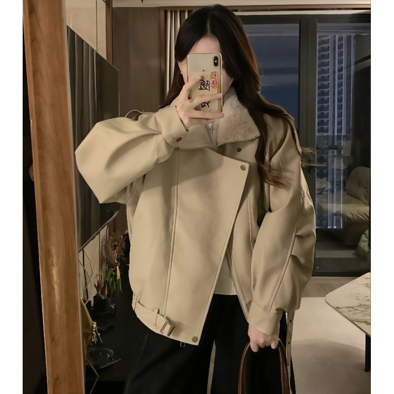 黛茗颜美式复古酷飒风加绒加厚保暖机车服皮棉衣超好看棉衣外套潮