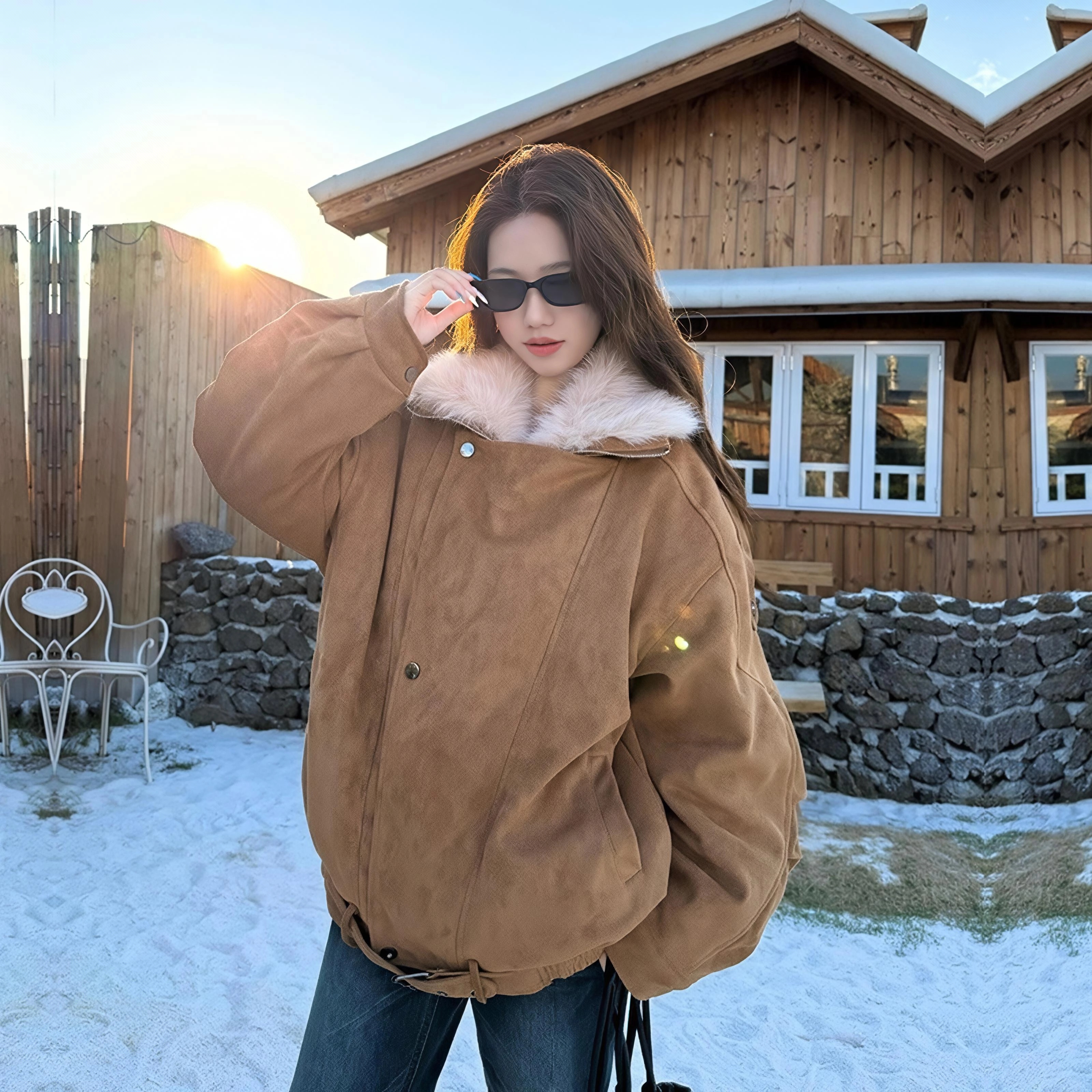 焦糖色麂皮绒棉服女冬毛绒领宽松加厚保暖工装复古休闲小个子外套