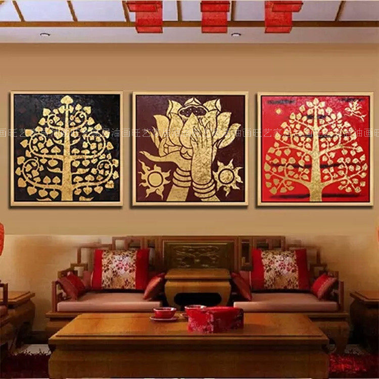 东南亚油画泰式风格佛手金箔画手绘有框菩提树金佛手莲花玄关挂画