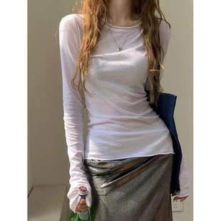 2026早春秋季微透长袖打底衫女简约风ins百搭卷边T恤内搭防晒上衣