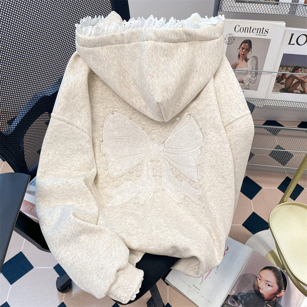 灰色重工钉珠刺绣蝴蝶结卫衣外套男女甜美慵懒风蕾丝拼接连帽开衫