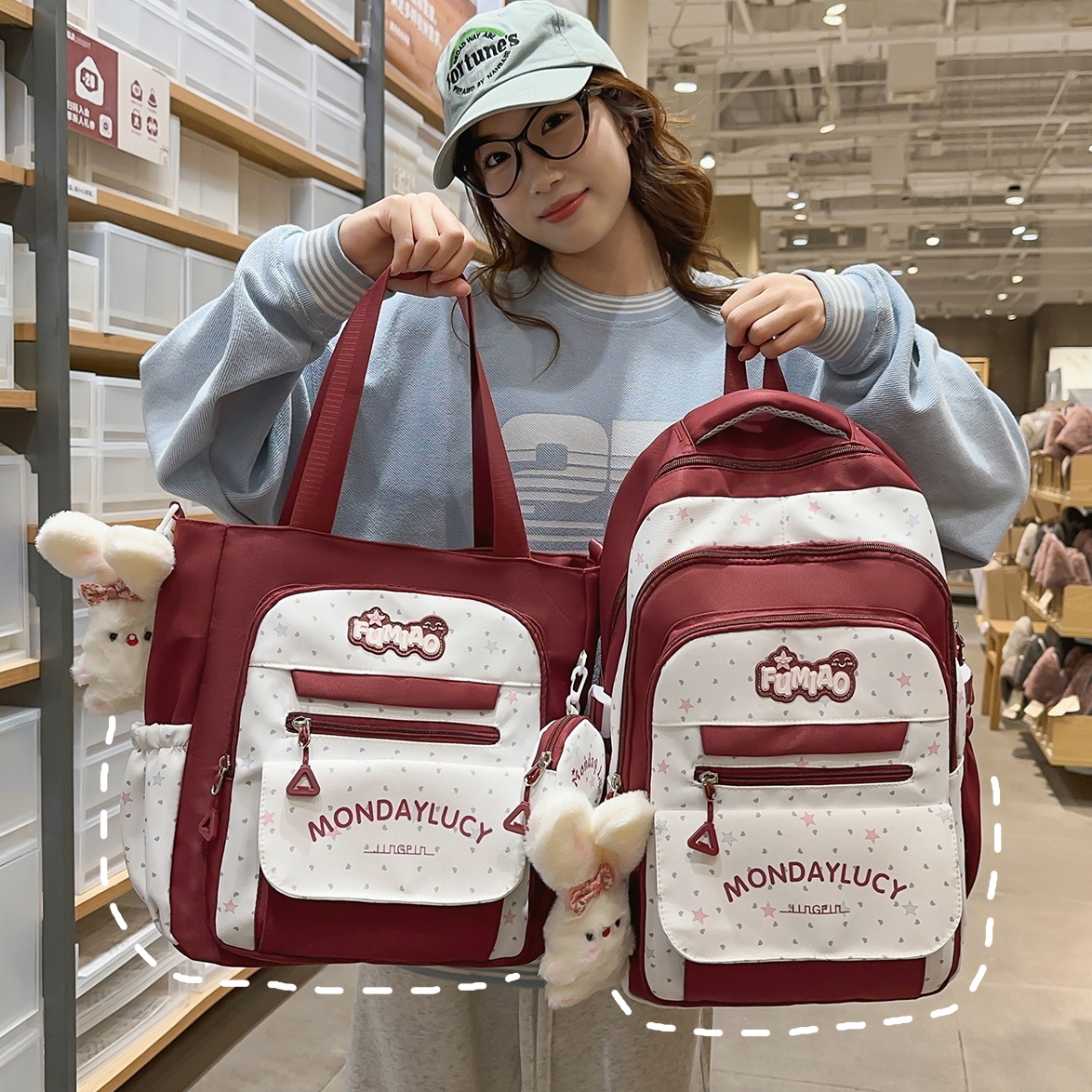 韩版红色两件套轻便大容量书包