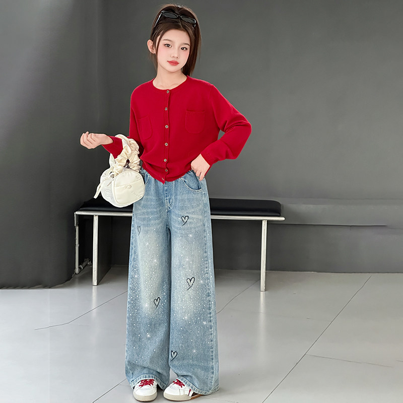 女童毛衣套装2025新款烫钻直筒裤秋冬装儿童裤子加绒加厚牛仔裤潮