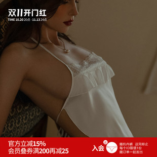 雅小姐性感睡衣套装女秋冬蕾款纯欲吊带短裤两件套冰丝系带内衣女