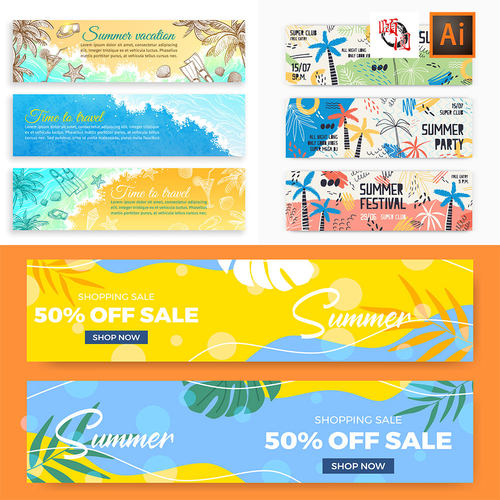 夏季夏天海边沙滩banner椰树夕阳个性时尚海报AI矢量设计素材