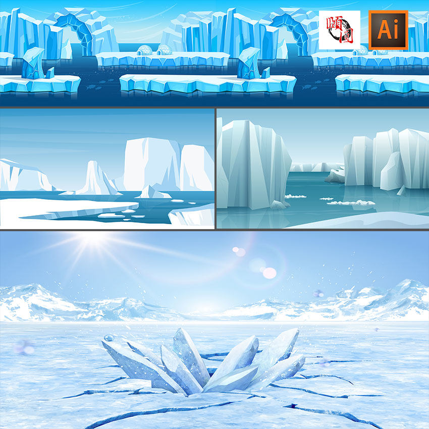 冰川冰山冰面卡通插画ai矢量设计素材