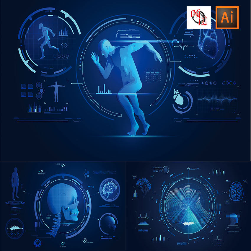 虚拟现实医学蓝色人体器官结构分析扫描模型点线框AI矢量设计素材