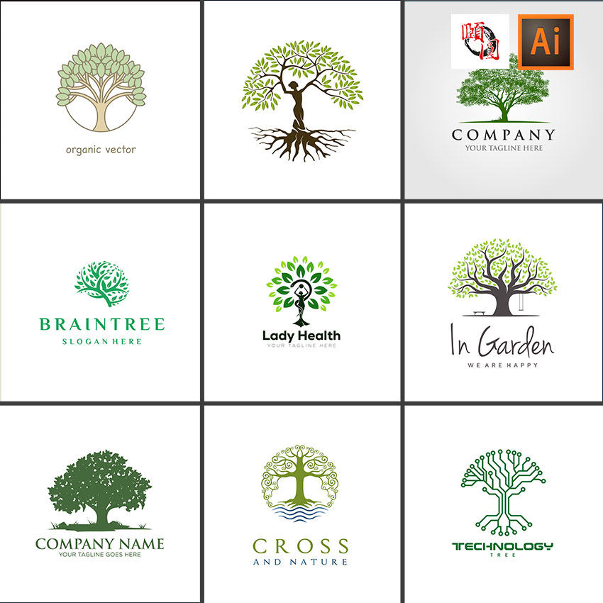 绿色环保大树小树树木logo图标标志设计ai矢量设计素材