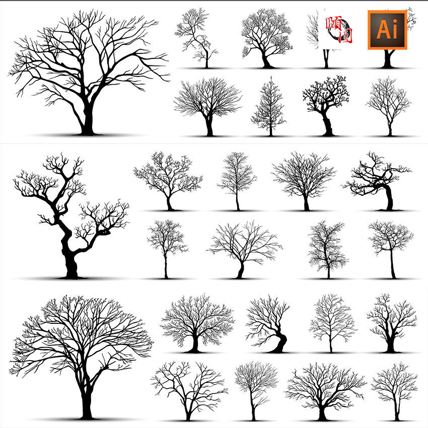 各种黑白树枝大树剪影插画ai矢量设计素材